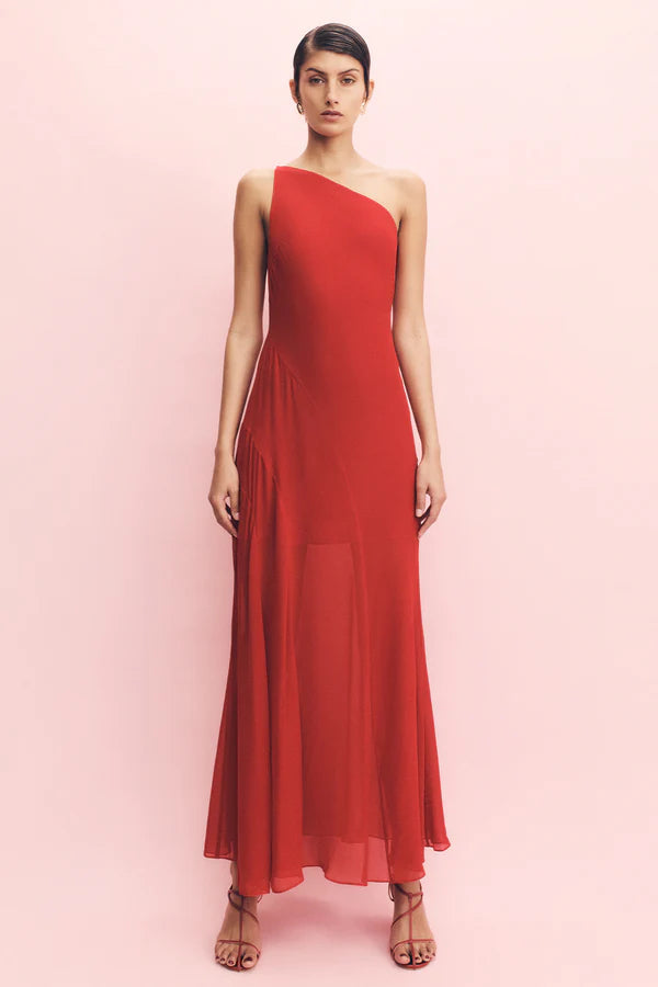 Amina One Shoulder Panelled Maxi Dress - Chilli