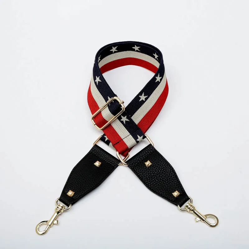 Bag Strap Red/Beige/Blue Stripe Five Pointed Star with Leather