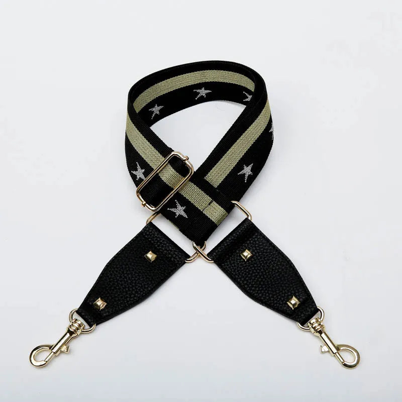 Bag Strap Black/Gold/Silver Stripe Five Pointed Star with Leather