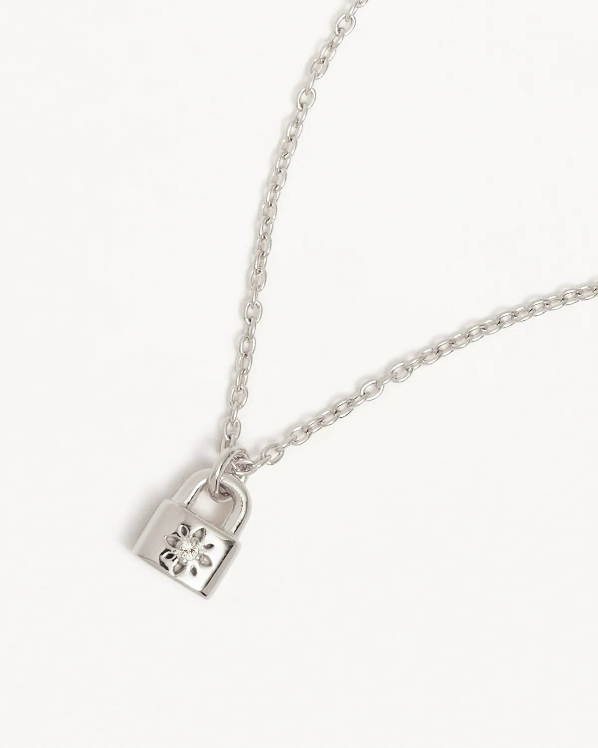 Sterling Silver Crystal Lotus Padlock Necklace