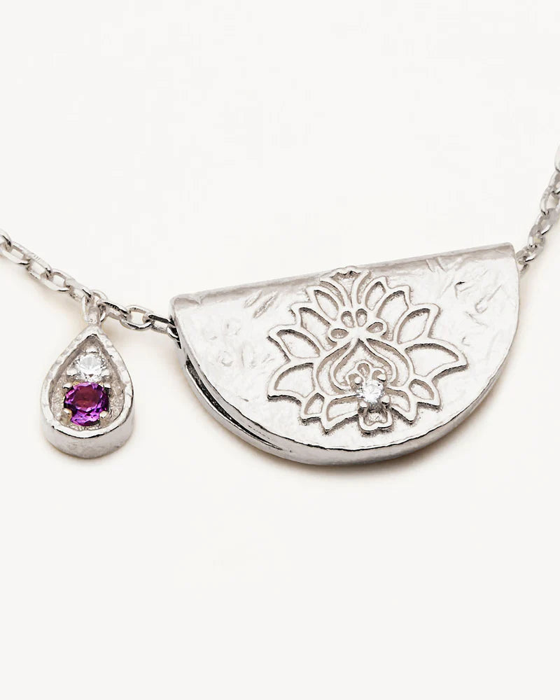 Sterling Silver Lotus Birthstone Necklace - February - Amethyst