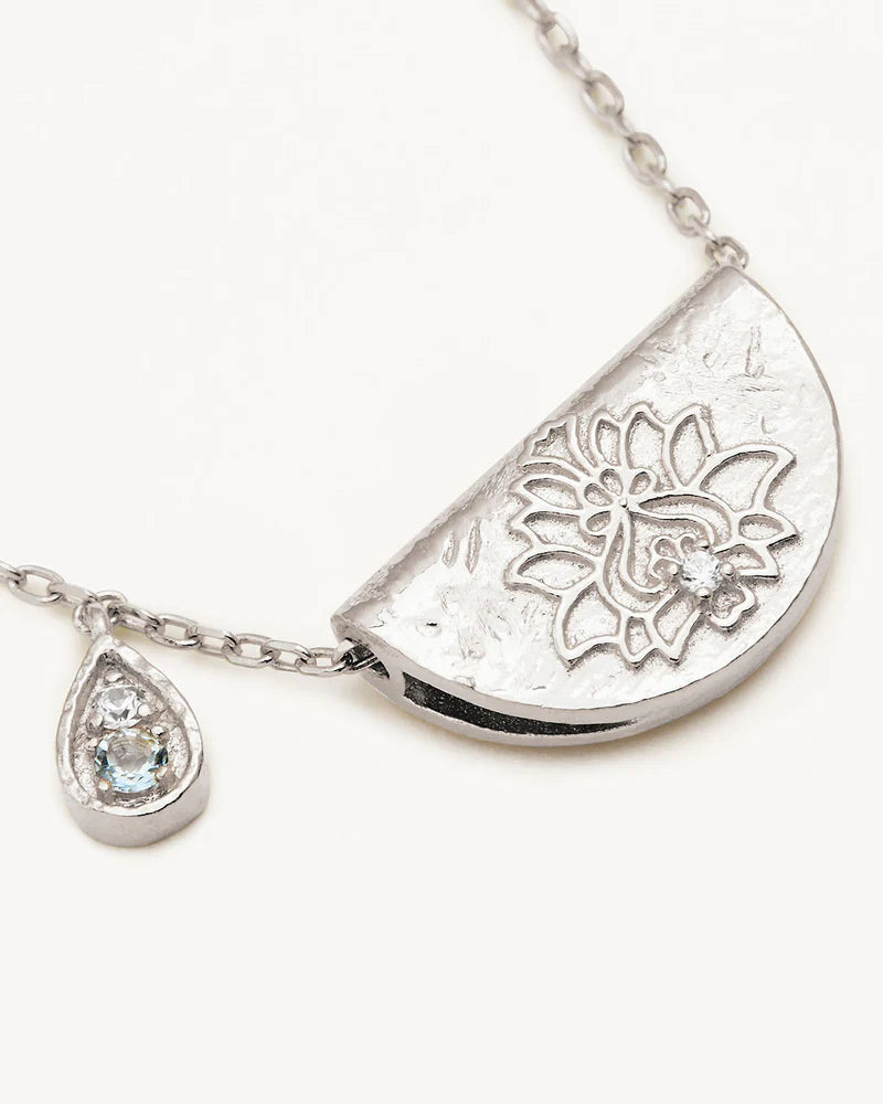 Sterling Silver Lotus Birthstone Necklace - March - Aquamarine